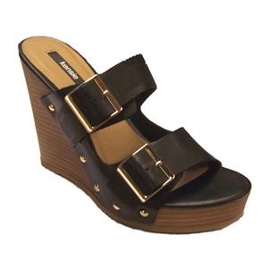 Kensie Reid Open Toe Black Leather Stacked Heel Wedge Sandal NWOT